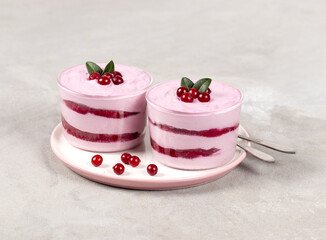 Italian tiramisu, dessert cream cheese mascarpone cranberry in a glass cup on a plate on a light gray background 