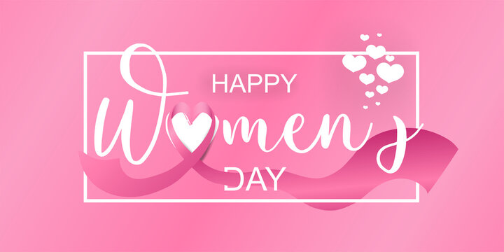 Woman's day poster, banner, flyer, greeting card. International Women's Day celebrate 8 March. Pink ribbon and white hearts on pink background. Vector illustration