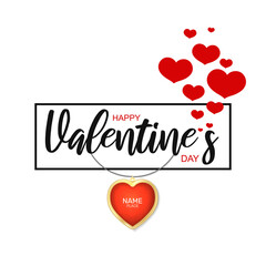 Happy St. Valentine's day hand drawn text and red 3d heart pendant. Postcard, greeting card, invitation, banner, placard,  poster concept design template. Romantic quote. Vector illustration