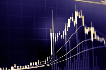 Stock market data on digital LED display. A number of daily market price and quotation of prices chart and candle stick tracking in Forex trading.