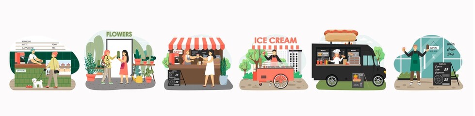 Street food carts with coffee, hot dog, ice cream. Fast food truck, festival stall. Small business concept vector illustration in flat style. Barista in cafe, woman sell flowers in shop