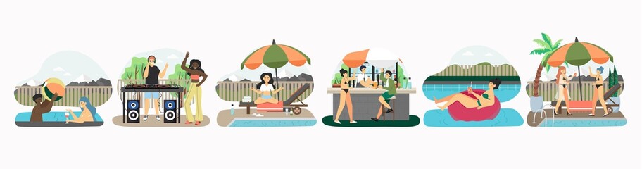 Obraz na płótnie Canvas Pool party set of vector illustration. Summer vacation at poolside. Happy people swim in swiming pool, drink and dance. Pool party with DJ