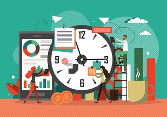 Time management concept vector illustration. Clock, business schedule, project deadline. Team works overtime. Workflow organization. Effective work scheduling