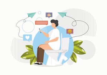 Mobile phone and gadgets addiction concept vector illustration. Man using smartphone while sitting in toilet