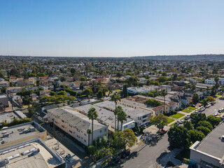 Aerial view above Mid-City neighborhood in Central Los Angeles, California. USA