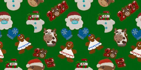 Christmas gingerbread on a green background. Seamless repeating pattern with brown homemade cookies in colored icing sugar. New year ornament handmade decoration.