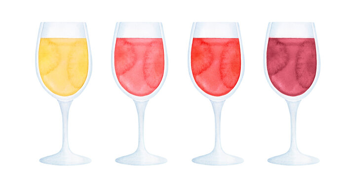 Watercolor illustration pack of different types of wine in classic glasses. Isolated clipart elements for creative design decoration, print, poster, template, banner. Hand painted watercolour drawing.