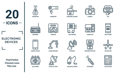 electronic.devices linear icon set. includes thin line humidifier, boombox, mobile phone, asic miner, calculator, air purifier, ceiling fan icons for report, presentation, diagram, web design
