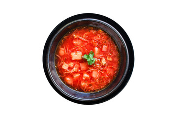 fresh borscht red tomato soup with meat first course yulion and vegetables ready to cook and eat on the table for healthy meal snack outdoor top view copy space for text food background rustic image