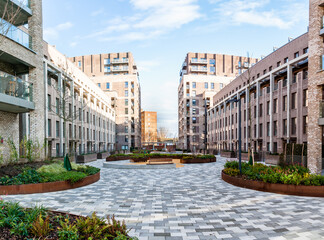 London, United Kingdom, January 04, 2021: Memorial Walk. New modern apartment block of flats on the...