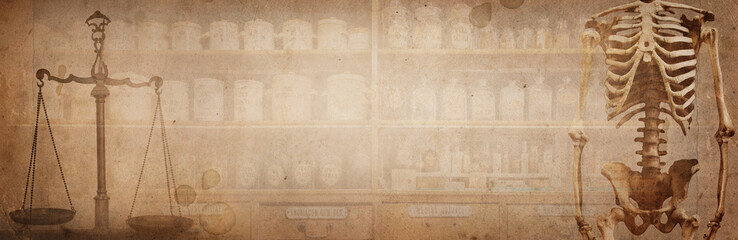 Ancient pharmaceutical scales and bottles with medicines, skeleton and scales on vintage brown paper background. Old pharmacy, medicine and chemistry background. Retro style.