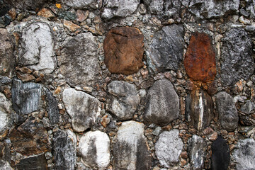Real stone wall surface. Old rusty uneven stone background texture 