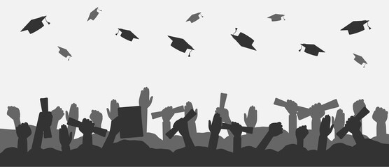 Crowd of graduates throws up academic caps. Silhouettes of graduate people throwing cap and raised up hands with diploma. Concept of graduation university, college or high school. Vector illustration.
