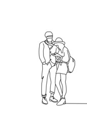 Fototapeta na wymiar One continuous line drawing, two couple travel