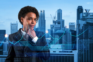 Attractive black businesswoman in suit pondering about new approaches to consultancy to find...