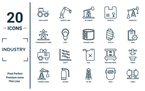 industry linear icon set. includes thin line skid loader, transmission tower, compressor, harbor crane, tanks, storage tank, press icons for report, presentation, diagram, web design
