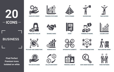 business icon set. include creative elements as hand with money gear, man success, thinking of making money, infographic elements, dollar euro money exchange, pie chart and connections filled icons
