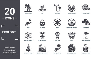 ecology icon set. include creative elements as coconut tree, energy globe, 100 percent natural, eco light, sustainable factory, nuclear energy filled icons can be used for web design, presentation,