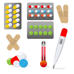 A set of medical elements, pills, thermometers, plaster for medical blogs, topics