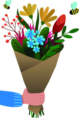 Bright vector illustration. Bouquet of flowers in hand. Mothers Day. International Women's Day. Valentine's Day.