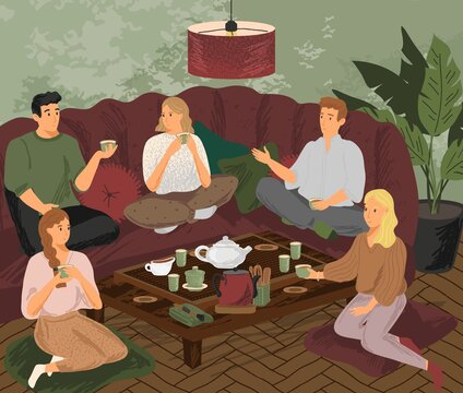 Friends drink tea at home. Tea ceremony concept vector illustration. People sitting on floor and sofa, drinking tea and talking