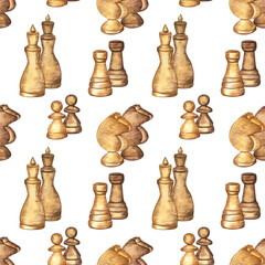 Seamless pattern with chess pieces on white isolated background. Watercolor hand-drawn elements combined in couples. 