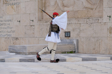 Athens - December 2019: traditional greek soldier in Syntagma Square