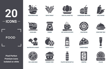 food icon set. include creative elements as vegetarian food, chili pepper, fuqi feipian, milky, chinese food, waiter with a roast chicken filled icons can be used for web design, presentation,