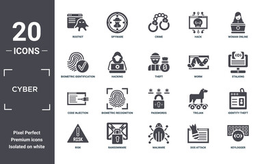 cyber icon set. include creative elements as rootkit, woman online, worm, passwords, ransomware, code injection filled icons can be used for web design, presentation, report and diagram
