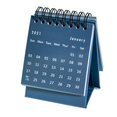 January 2021 - spiral desktop calendar isolated on white, time and business concept
