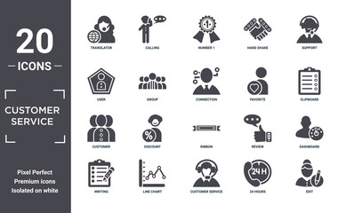 customer.service icon set. include creative elements as translator, support, favorite, ribbon, line chart, customer filled icons can be used for web design, presentation, report and diagram