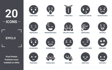 emoji icon set. include creative elements as hushed emoji, nauseated emoji, curious shy hugging shocked filled icons can be used for web design, presentation, report and diagram