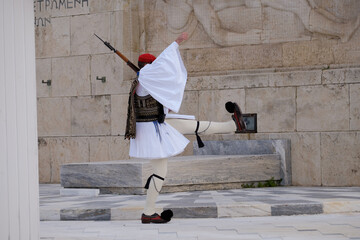 Athens - December 2019: traditional greek soldier in Syntagma Square