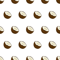 Coconut seamless pattern in cartoon style on white background. Trendy abstract nature backdrop. Vector food, vegetables and fruits illustration collection.