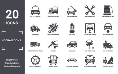 mechanicons icon set. include creative elements as police car with lights, gasoline refilling station, car on an elevator, small car, big bus front, transportation truck filled icons can be used for