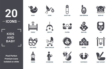 Fototapeta premium kids.and.baby icon set. include creative elements as ducky, bear hat, baby girl, button, fatherhood, girl shoes filled icons can be used for web design, presentation, report and diagram