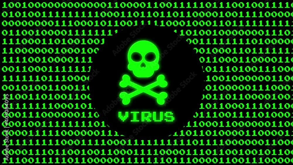 Poster virus icon on binary code. 4k video.can be used for explainer video.green background