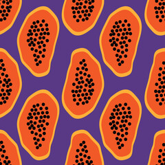 Cut papaya vibrant seamless vector pattern. Tropical surface print design for fabrics, stationery, scrapbook paper, gift wrap, textiles, backgrounds, home decor, and packaging.