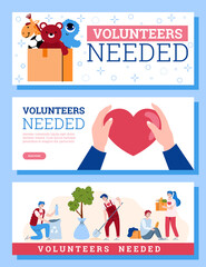 Set of recruitment banners or flyers for volunteer organization, flat cartoon vector illustration. Help needed concept of banners for volunteering movement.