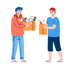 Volunteers collect household and hygiene goods for people in need, cartoon vector illustration isolated on white background. Charity and donation volunteering work.