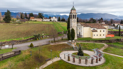 Fototapeta premium Montegnacco, an oasis of beauty in the hills. View from above.