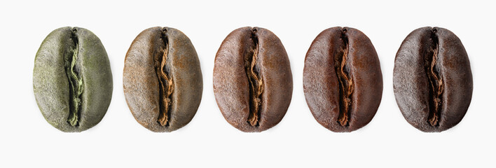 different types and stages of roasting coffee beans from green to full roast, macro photography isolate studio light