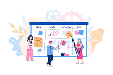 Agile development concept. Scrum team of people move color cards on board from start to finish process, analyzing strategy task or business project. Vector illustration