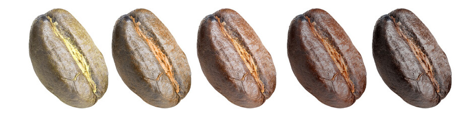 different types and stages of roasting coffee beans from green to full roast, macro photography isolate studio light