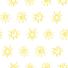 Seamless pattern with hand-drawn suns icons.Summer endless background with sketches of luminaries,shine and rays of golden yellow color. Doodle,draft,childish simple drawing style.