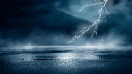 Dramatic background of the night sky, thunderstorm, lightning. Smoke, fog, smog against the background of the city landscape. Natural night landscape, night sky, wet asphalt, puddles.
