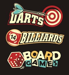 Social leisure games logos and design elements set.  Darts, billiards and board games vector symbols and letterheads. 