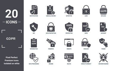 gdpr icon set. include creative elements as rectification, keylock, gdpr, website, income, information filled icons can be used for web design, presentation, report and diagram