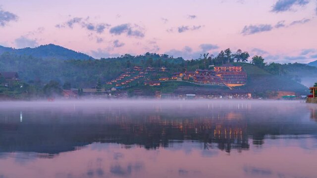 Time lapse 4k. View lake and morning fog in Ban rakthai, Maehongson province,Thailand