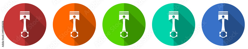 Poster piston vector icon set, red, blue, green and orange flat design web buttons isolated on white, vecto